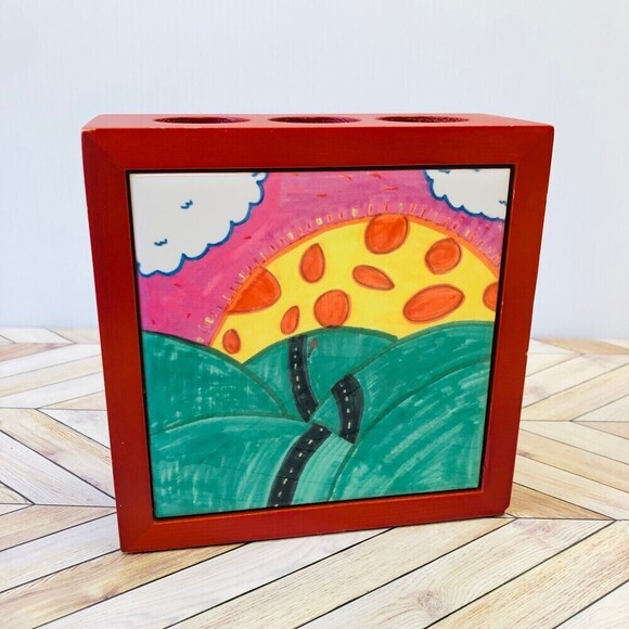 Vintage Wood Candlestick Holder Bright Retro Style Cottage Core - Picture 1 of 8